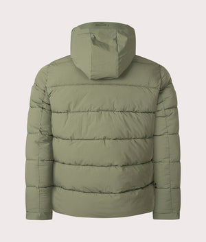 Army Green Hooded Puffer by Aquascutum. Shot at EQVVS. Reverse shot. 