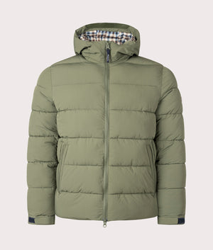 Army Green Hooded Puffer by Aquascutum. Shot at EQVVS. Front shot. 