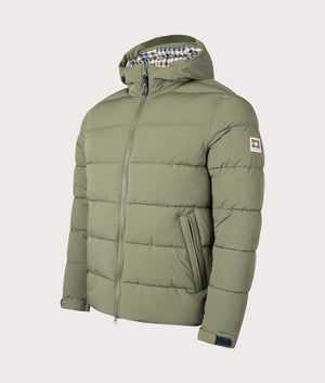 Army Green Hooded Puffer by Aquascutum. Shot at EQVVS. Side angle shot. 