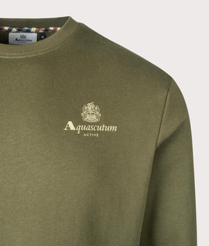 Aquascutum Active Small Logo Crewneck Sweatshirt in Army Green, 100% Organic Cotton. EQVVS Detail Shot