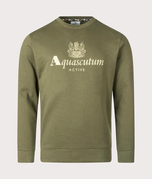 Aquascutum Active Big Logo Crewneck Sweatshirt in Army Green, 100% Organic Cotton. EQVVS Front Shot