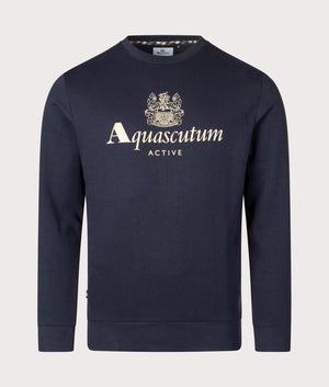 Aquascutum Active Big Logo Crewneck Sweatshirt in Navy, Organic Cotton. EQVVS Front Shot