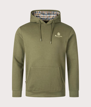 Aquascutum Active Small Logo Hoodie in Army Green with Club Check Interior. EQVVS Front