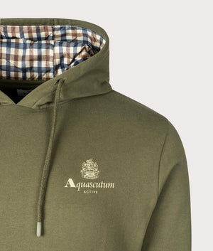 Aquascutum Active Small Logo Hoodie in Army Green with Club Check Interior. EQVVS Detail SHot