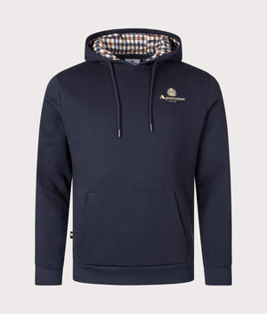 Aquascutum Active Small Logo Hoodie in Navy Blue with Club Check interior. EQVVS Front Shot