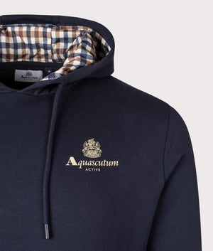 Aquascutum Active Small Logo Hoodie in Navy Blue with Club Check interior. EQVVS Detail Shot