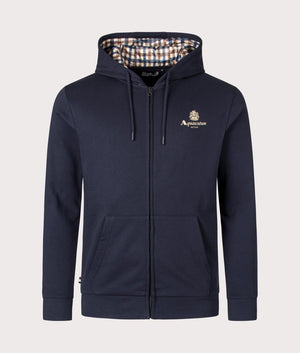 Aquascutum Active Small Logo Full Zip Hoodie in Navy, 100% Organic Cotton. EQVVS Front Shot