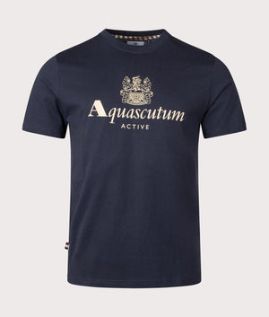 Aquascutum Active Big Logo T-Shirt in Navy Blue, 100% Organic Cotton. EQVVS Front Shot