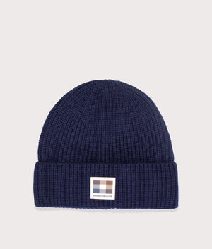 Aquascutum Active Beanie Patch in Navy, Rich Cotton Blend. At EQVVS Menswear. Front detail shot