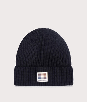 Aquascutum Active Beanie Patch in Black, Rich Cotton Blend. At EQVVS Menswear. Front detail shot