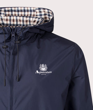 Aquascutum Hooded Sailor Lightweight Jacket in Sailor Navy. Shot at EQVVS.  Detail shot. 