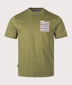 Aquascutum Club Check Pocket T-Shirt in Army Green at EQVVS. Front Shot.