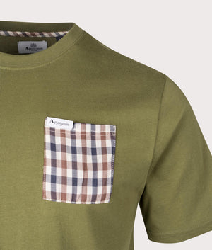 Aquascutum Club Check Pocket T-Shirt in Army Green at EQVVS. Detail Shot.