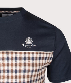 Aquascutum Insert Piping T-Shirt in Navy and Club Check. Detail shot at EQVVS.