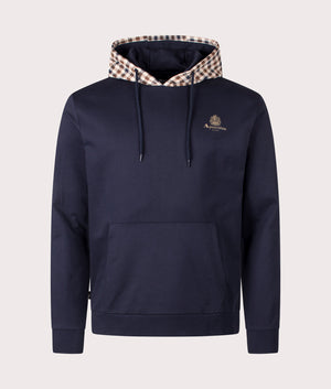 Aquascutum Club Check Hood Overhead Hoodie in Navy at EQVVS. Front Shot.