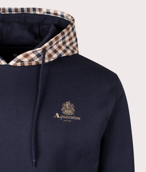 Aquascutum Club Check Hood Overhead Hoodie in Navy at EQVVS. Detail Shot.