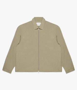 Oversized Tencel Rider Jacket in Sage Green by MKI MIYUKI ZOKU. EQVVS Front Flat Shot.