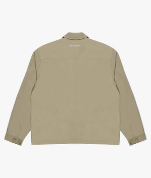 Oversized Tencel Rider Jacket in Sage Green by MKI MIYUKI ZOKU. EQVVS Back Flat Shot.