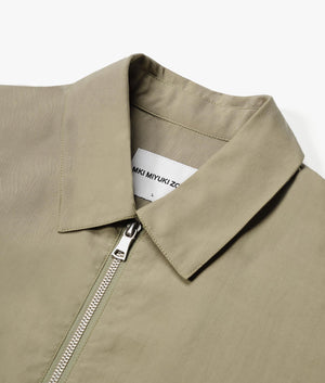 Oversized Tencel Rider Jacket in Sage Green by MKI MIYUKI ZOKU. EQVVS Detail Shot.