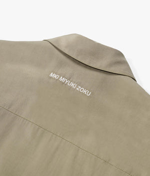 Oversized Tencel Rider Jacket in Sage Green by MKI MIYUKI ZOKU. EQVVS Detail Shot.