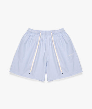 Relaxed Fit Striped Shorts in Blue by MKI MIYUKI ZOKU. EQVVS Front Flat Shot. 