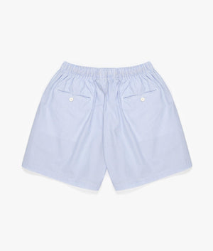 Relaxed Fit Striped Shorts in Blue by MKI MIYUKI ZOKU. EQVVS Back Flat Shot.