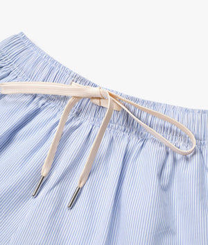 Relaxed Fit Striped Shorts in Blue by MKI MIYUKI ZOKU. EQVVS Detail Shot.