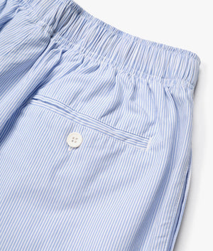 Relaxed Fit Striped Shorts in Blue by MKI MIYUKI ZOKU. EQVVS Detail Shot