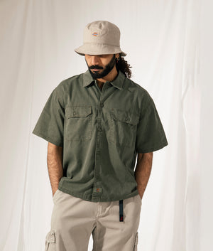 Dickies Unionville GD Work Short Sleeve Shirt in Military Green. Shot at EQVVS.