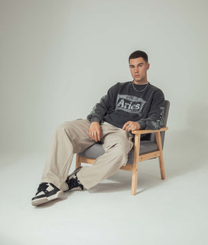 Aged Ancient Column Sweatshirt in Black by Aries. EQVVS Menswear campaign Shot. 