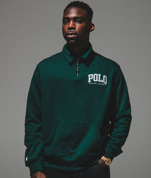 Polo Ralph Lauren Logo Fleece Collared Sweatshirt in Moss Agate. Campaign shot at EQVVS.