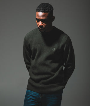 Fred Perry Lambswool Jumper in Hunting Green, 100% Lambswool at EQVVS. campaign Shot. 