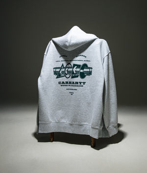 Carhartt WIP Oversized Zip Through Runaway Hoodie in Ash Heather/Malachite at EQVVS Menswear campaign Shot