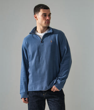 Estate-Rib Quarter Zip Knit in Capri Blue by Polo Ralph Lauren at EQVVS. campaign Shot. 