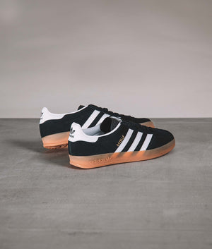 adidas originals Gazelle Trainers in Core Black/Footwear White/Gum 2 at EQVVS. campaign shot. 