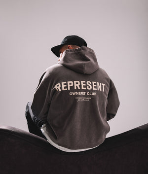 Campaign Image Represent Owners Club Zip Through Hoodie in Fog. EQVVS Model Shot. 