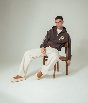 Represent, Masking Tape Initial zip Hoodie, cedar, Eqvvs Menswear, campaign shot