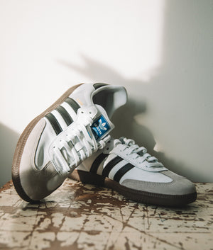 adidas samba OG Trainer in Cloud White/ Core Black/ Clear Granite at EQVVS. campaign Shot. 