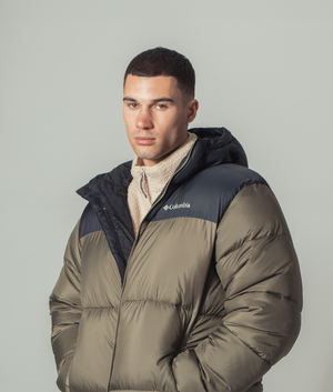 Columbia, Puffect II Hooded Jacket, stone green/black, EQVVS Menswear, campaign photo shot