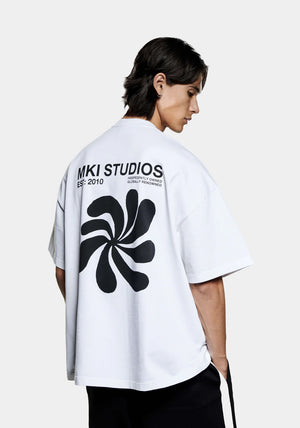 MKI Miyuki Zoku Abstract T-Shirt in White. Shot at EQVVS. Back shot. 