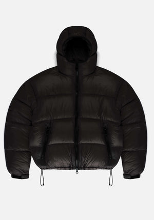 MKI MIYUKI ZOKU Translucent Bubble Jacket in Black at EQVVS Menswear. Front Flat Shot. 