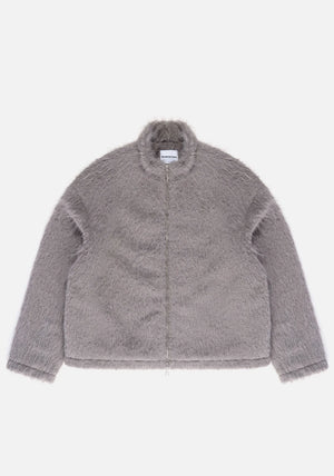 MKI Miyuki Zoku Faux Alpaca Track Jacket Light Grey. Flat shot. 