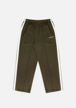 MKI Miyuki Zoku Olive Wide Fit Track Pants. Flat shot. 