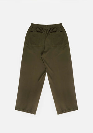 MKI Miyuki Zoku Olive Wide Fit Track Pants.  Flat shot. 