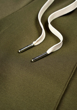 MKI Miyuki Zoku Olive Wide Fit Track Pants. Detail shot. 