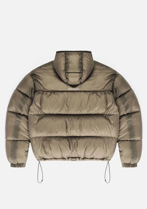 MKI MIYUKI ZOKU Translucent Bubble Jacket In Khaki at EQVVS Menswear. Flat Back Shot. 