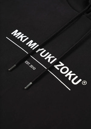 MKI Miyuki Zoku Linear Hoodie in Black. Shot at EQVVS. Detail shot. 