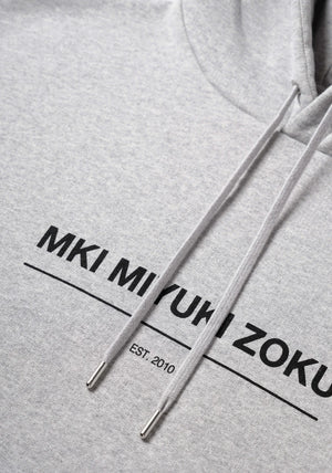 MKI Miyuki Zoku Linear Hoodie in Grey. Shot at EQVVS. Detail shot. 