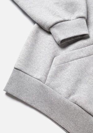 MKI Miyuki Zoku Linear Hoodie in Grey. Shot at EQVVS.  Detail shot. 