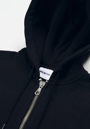 MKI Miyuki Zoku Uniform Zip Through Hoodie in Navy. Shot at EQVVS.  Detail shot. 